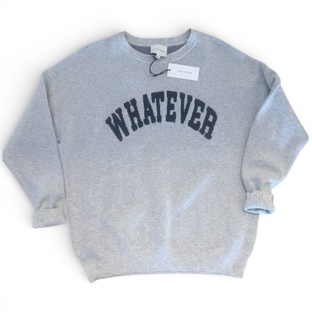 NWT Pink Rose Whatever Sweater, Women’s Large, Grey, Preppy Streetwear Statement
